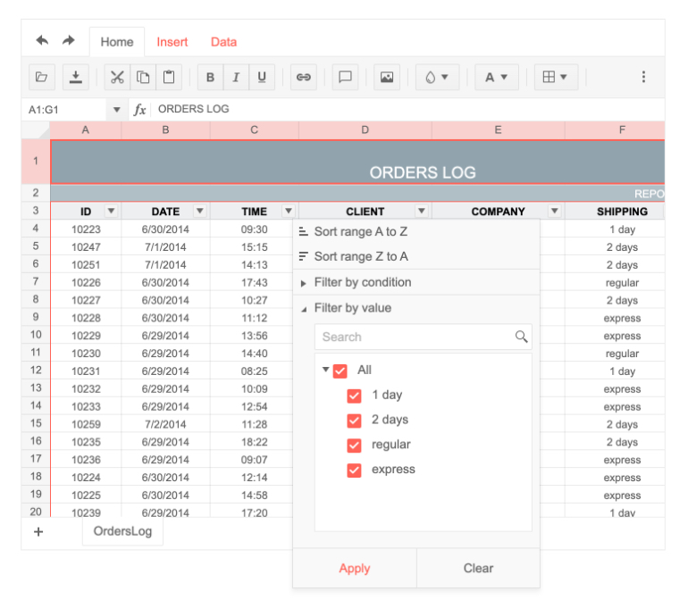 Telerik UI for ASP。网络核心电子表格- Sorting and Filtering