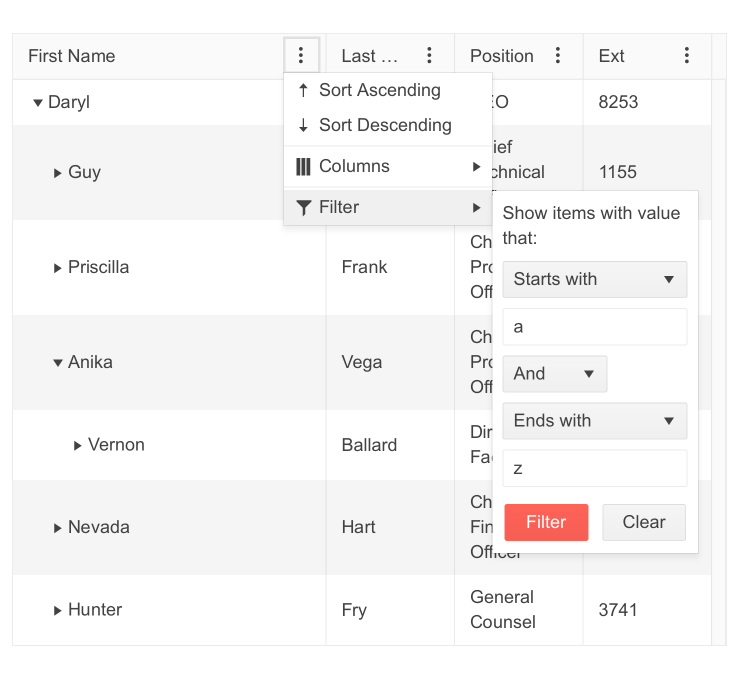 Telerik UI for ASP.NET MVC TreeList - Column Menu