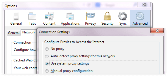 Connection settings in Firefox