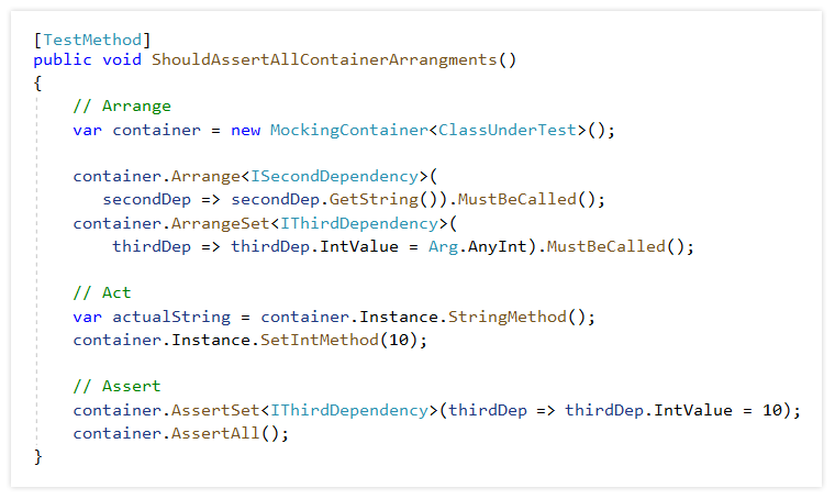 Implement ArrangeSet and AssertSet methods for mocking container 