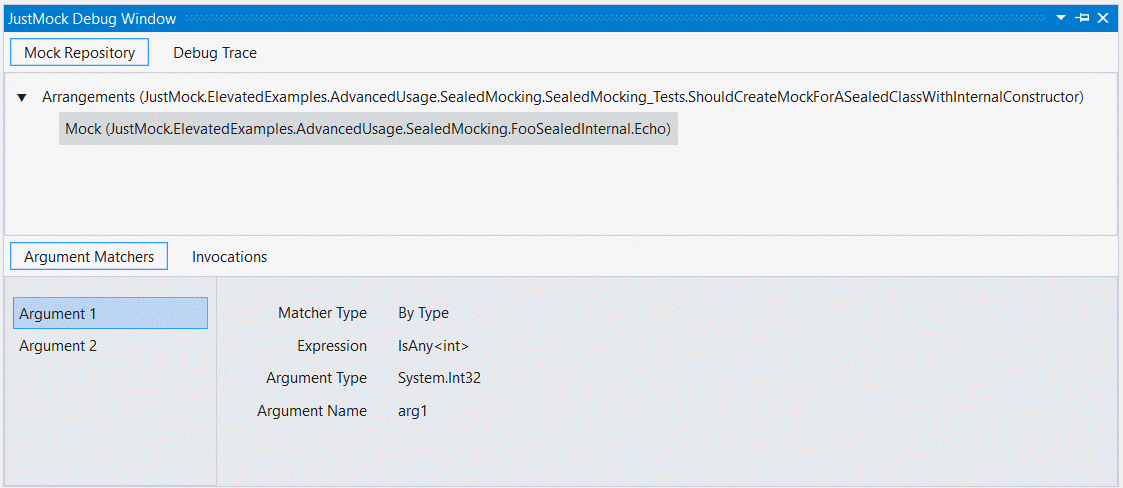 DebugWindow with arrange arguments info, showing two argument matchers