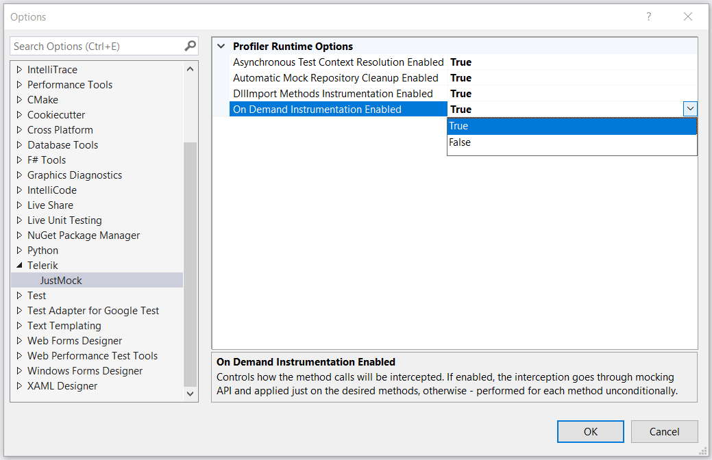 JustMock Extension VS Options