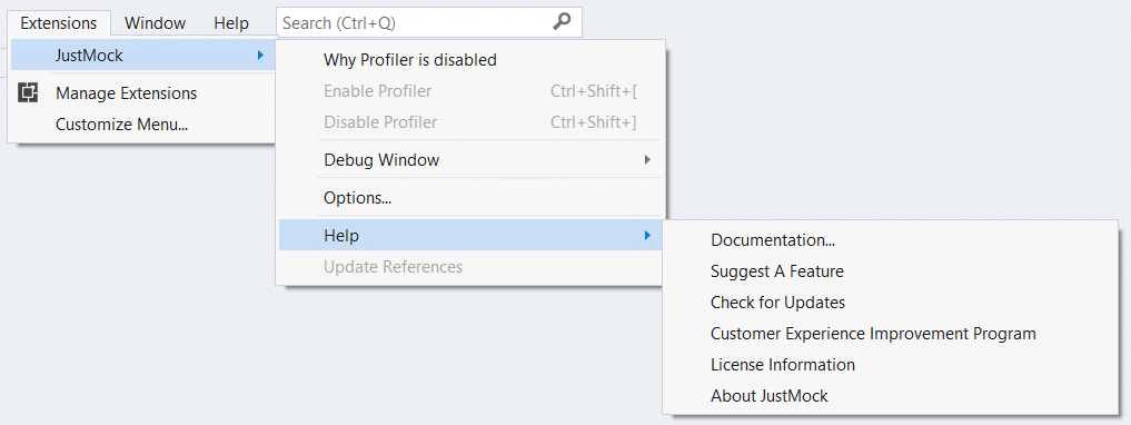 Extensions > JustMock > Help shows Documentations, Suggest a Feature, Check for Updates, Customer Experience Improvement Program, License Information, About JustMock