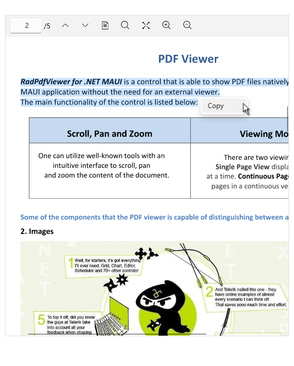 NET MAUI PDF Viewer component showing Selection Support