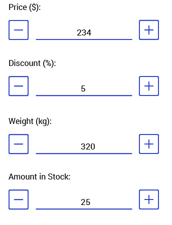Telerik UI for .NET MAUI NumericInput - shown here with price ($), discount (%), weight (kg), and amount in stock. Each has a number and a plus and minus sign to increment/decrement the number.