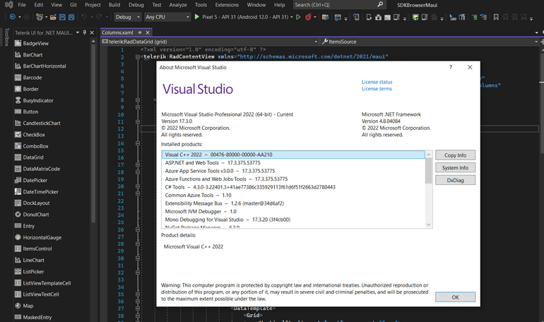 Telerik MAUI UI Latest Visual Studio support