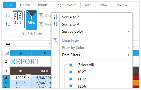 WPF Spreadsheet control displaying Sorting and Filtering