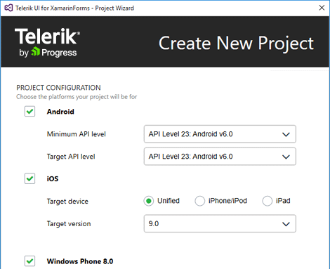 Telerik UI for Xamarin Project Wizard Main Image