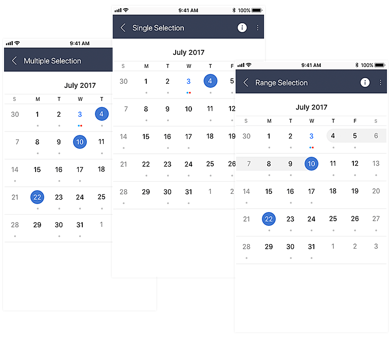 Telerik UI for Xamarin - Calendar Selection Types 