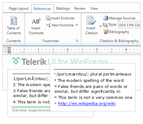UI for WinForms RichTextEditor control displaying References