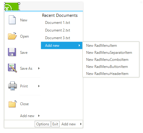 UI for WinForms ApplicationMenu displaying Items types