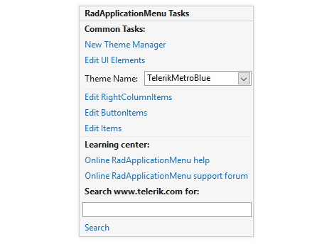 UI for WinForms ApplicationMenu in Design Time displaying smart tag