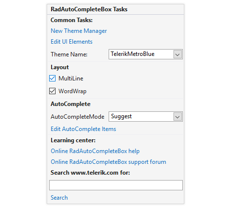 WinForms AutoCompleteBox control displaying Design Time experience