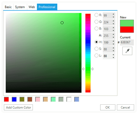 WinForms ColorDialog displaying colors selection