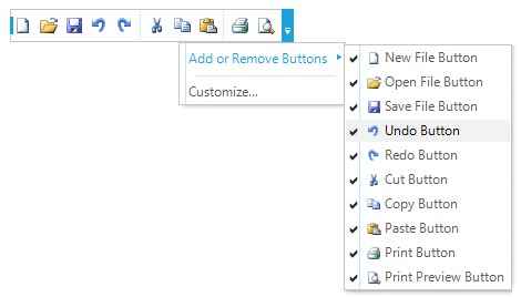 UI for WinForms CommandBar control displaying Add and Remove Buttons