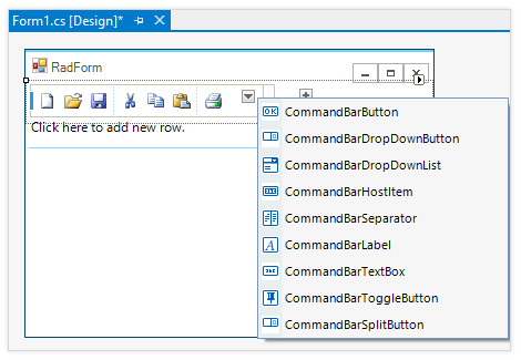 WinForms CommandBar control displaying Design Time support