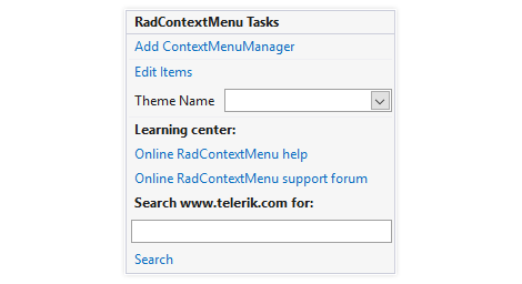 UI for WinForms ContextMenu displaying Design Time support