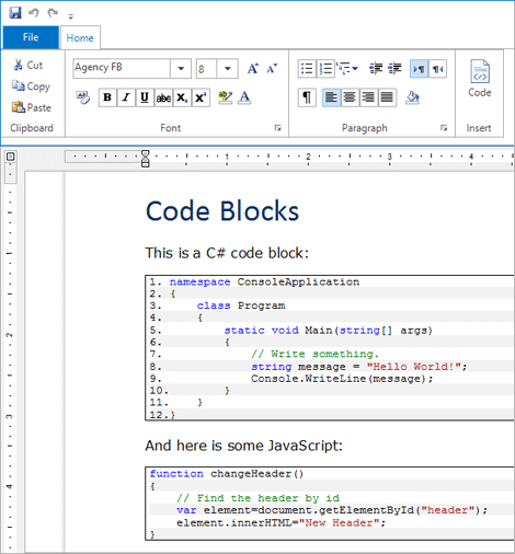 UI for WinForms RichTextEditor control displaying Code blocks