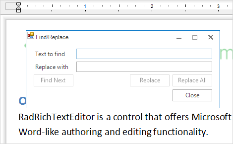 UI for WinForms RichTextEditor control displaying Find and Replace dialog