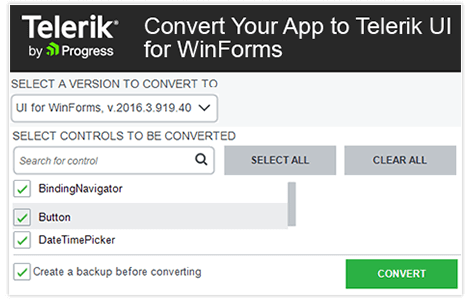 Telerik UI for WinForms Converter Tool displaying a Wizard