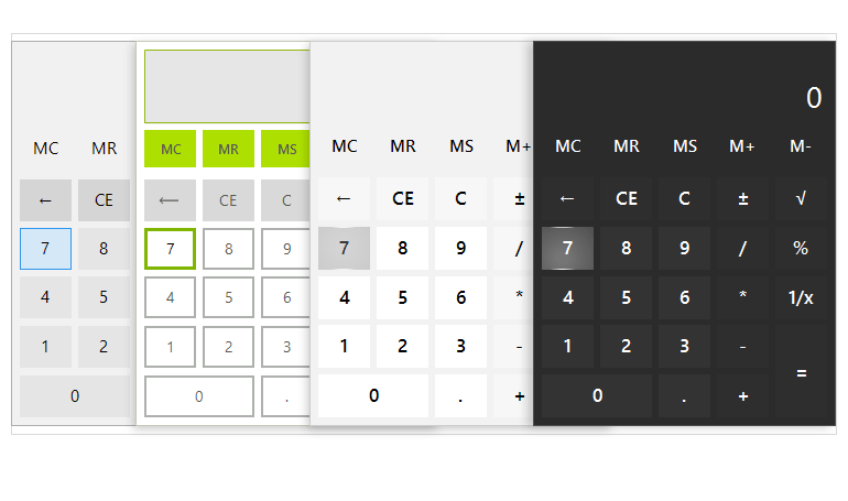 WinForms Calculator Control displayed with different themes