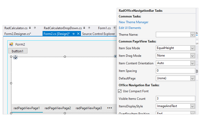 WinForms Office Navigation Bar control displaying Design time support