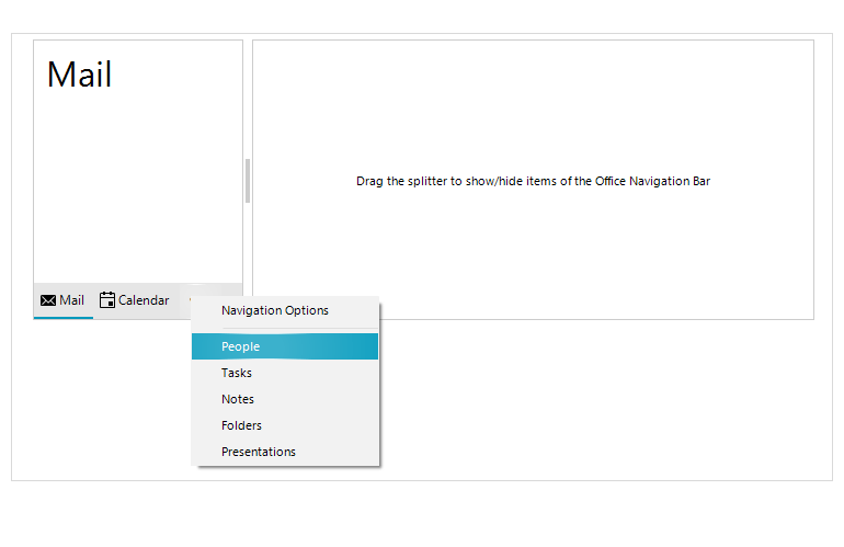 WinForms Office Navigation Bar control displaying items Overflow