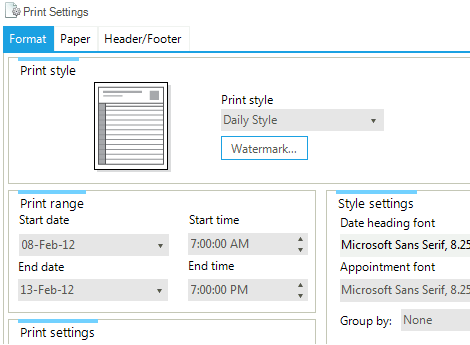 WinForms Scheduler control displaying Printing options