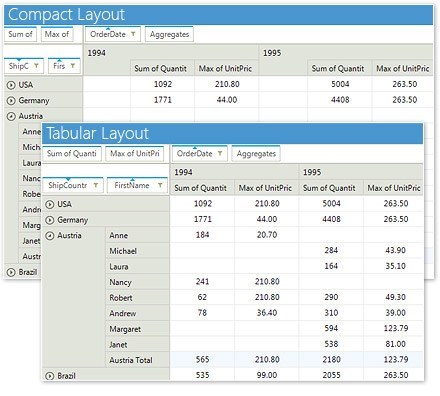 WinForms PivotGrid showcasing Tabular And Compact Layouts