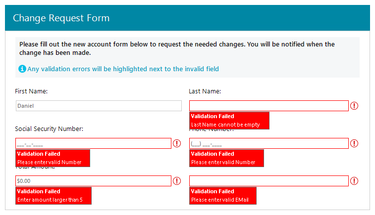 WinForms ValidationProvider control displaying Data Validations