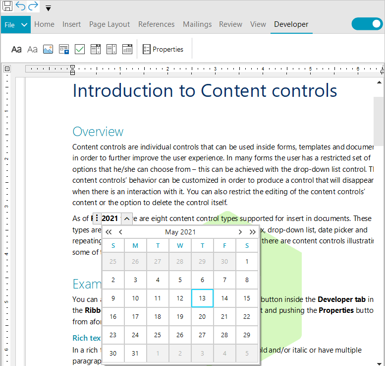 WinForms RichTextEditor control displaying the Import and Export of Content Controls