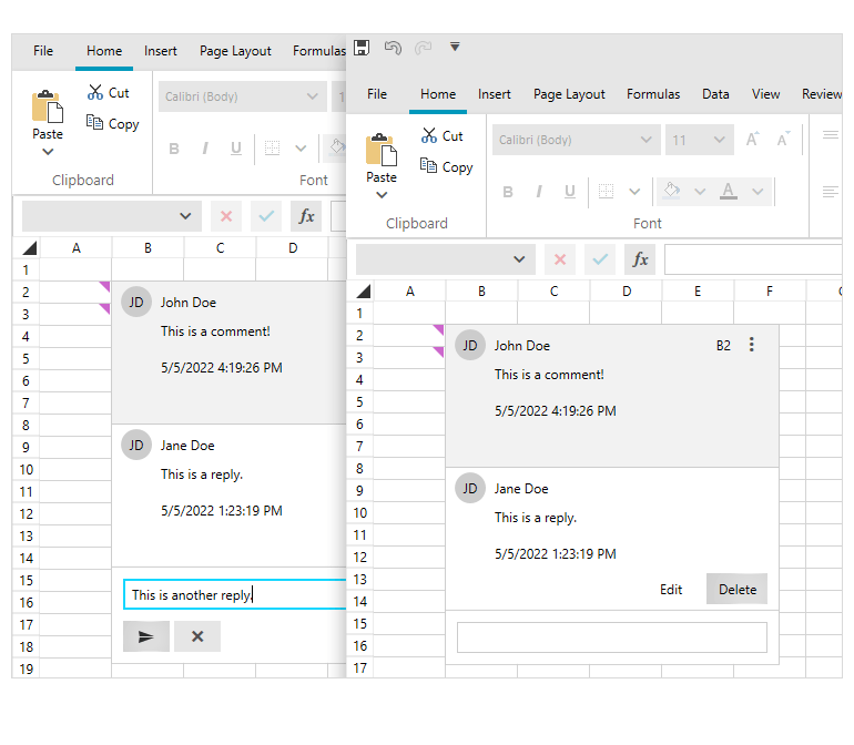 WPF Spreadsheet control displaying Insert and delete comments