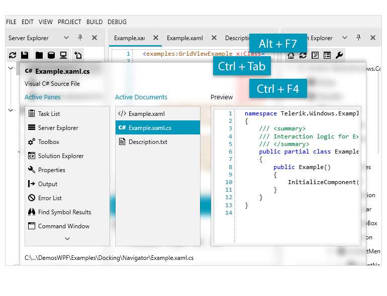 WPF Docking control showcasing keyboard and mouse shortcuts