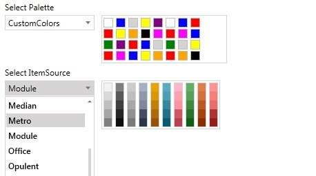 WPF ColorPicker control displaying 25 color palettes