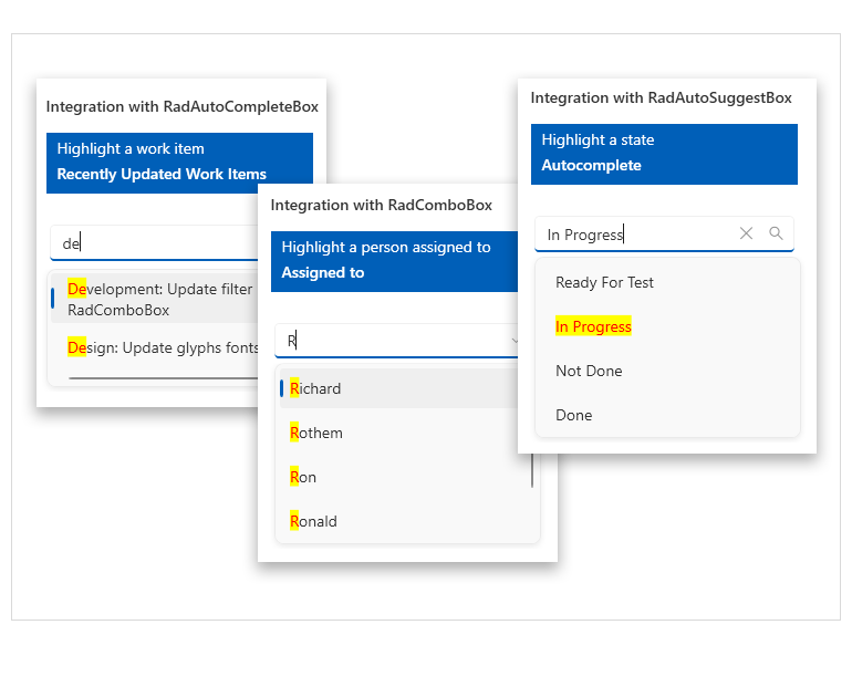 Telerik UI for WPF Highlight Textblock showing Integration with other controls