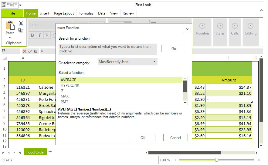 Telerik UI for WinForms Spreadsheet control displaying Function insert dialog