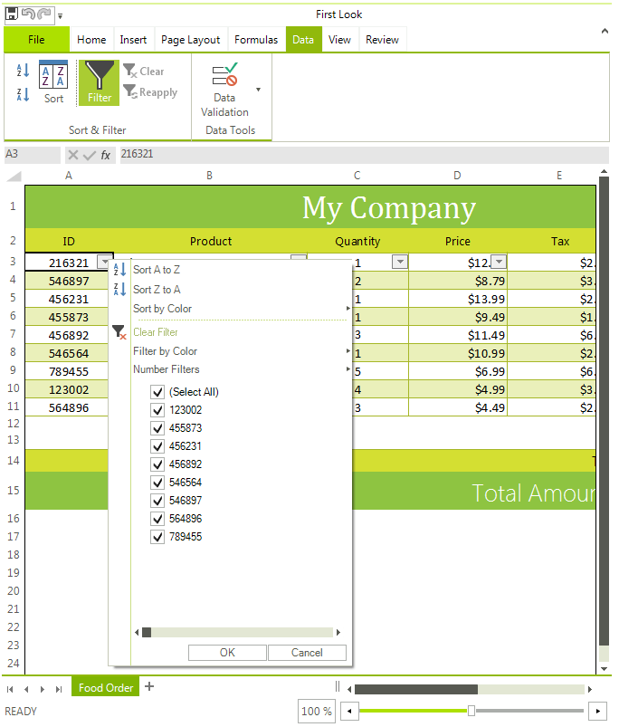 Telerik UI for WinForms Spreadsheet control displaying Sorting and Filtering