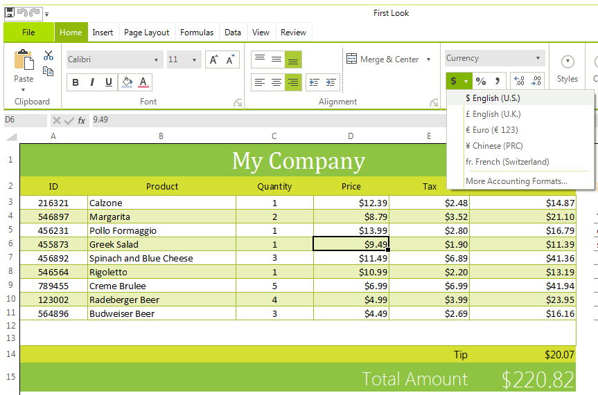 Telerik UI for WinForms Spreadsheet control displaying Data Formats