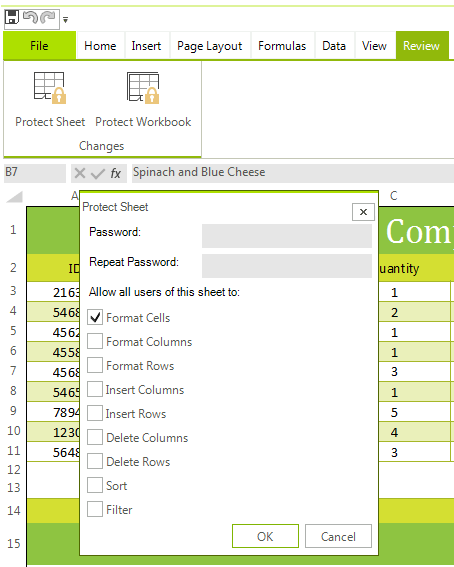 Telerik UI for WinForms Spreadsheet control displaying Protect sheet dialog