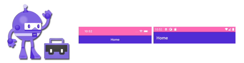 .NET MAUI mascot waving with a bag. Two status bars sit side by side, both with pink at the top and then purple below with Home in white.