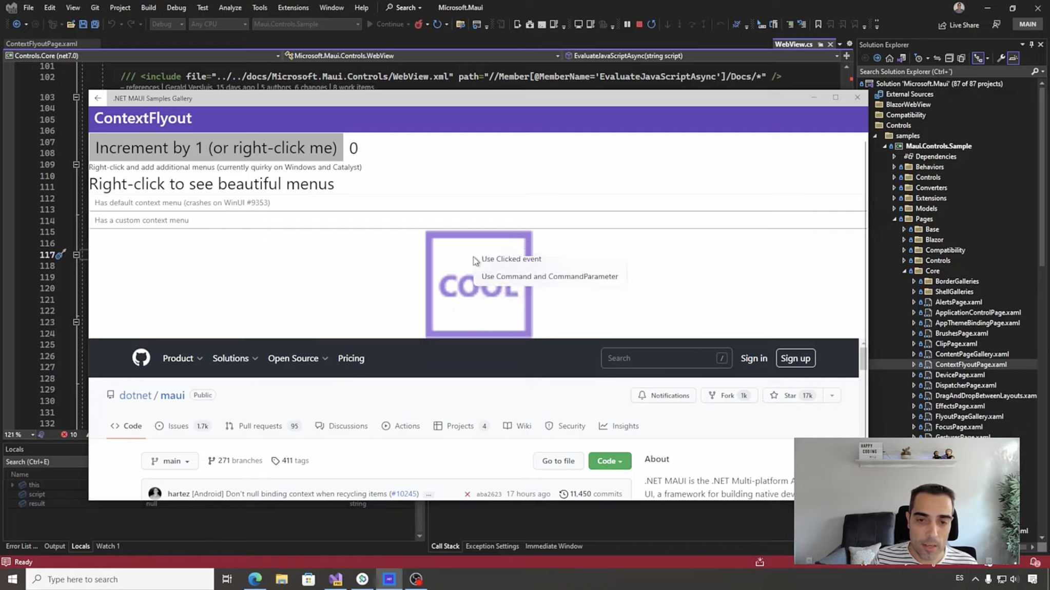 Capture of Javier Suárez video showing Context Menus in .NET MAUI