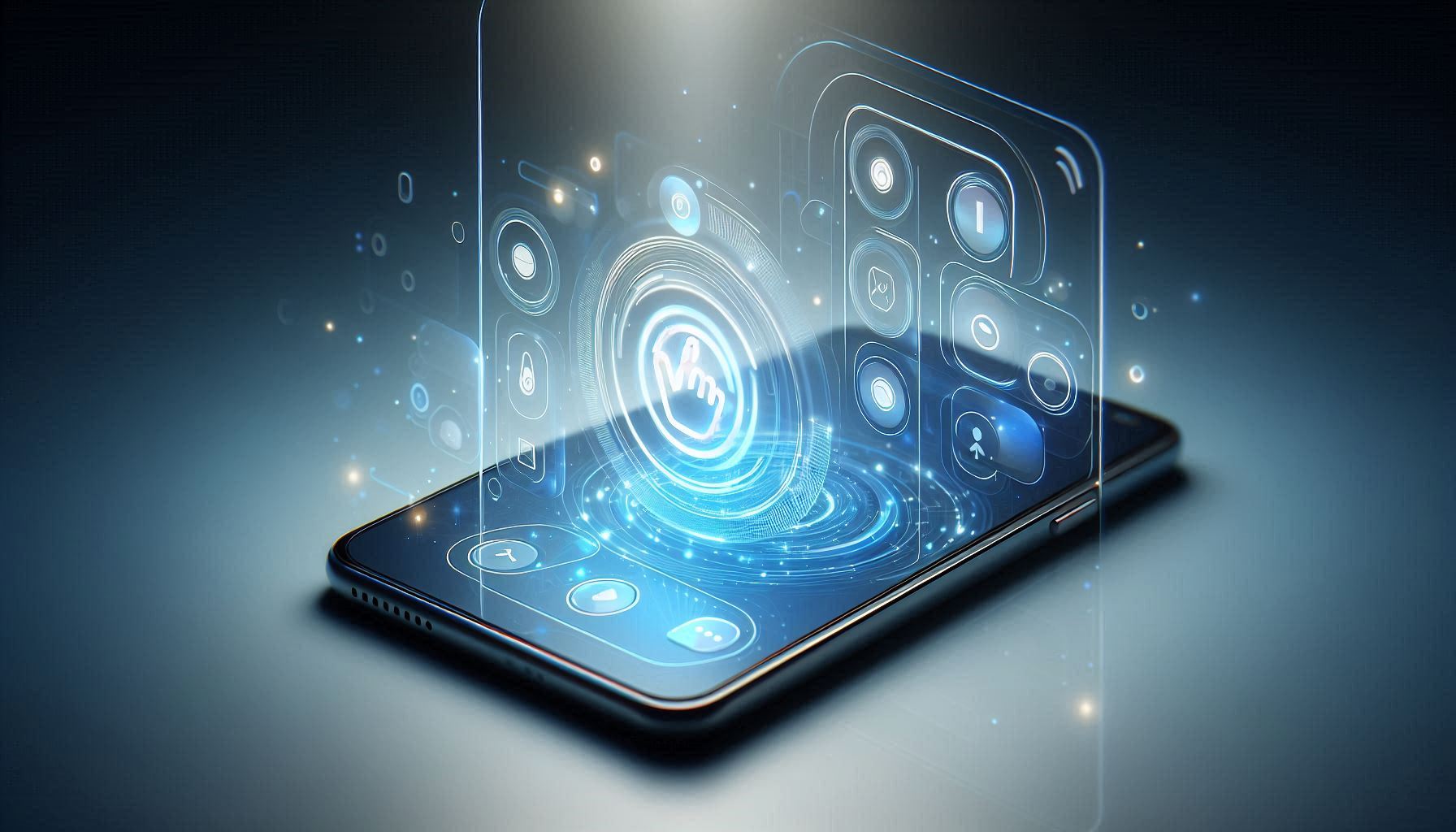 stylized picture of a phone with a hologram of a screen