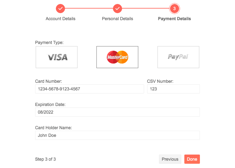 Kendo UI for jQuery Wizard Component showcasing a multi-step form with a few steps completed and the current step mimicking a ecommerce checkout asking for payment information