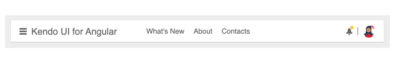 The Kendo UI for Angular AppBar Component The Kendo UI for Angular AppBar Component with a drawer icon, header text, and multiple action items