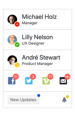 The Kendo UI for Angular Badge Component in various styles including status indicators next to avatars