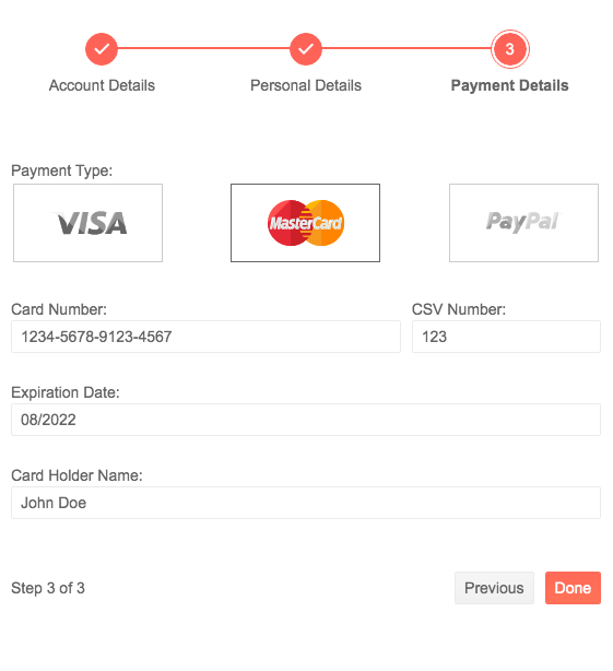 Kendo UI for jQuery Wizard Component showcasing a multi-step form with a few steps completed and the current step mimicking a ecommerce checkout asking for payment information