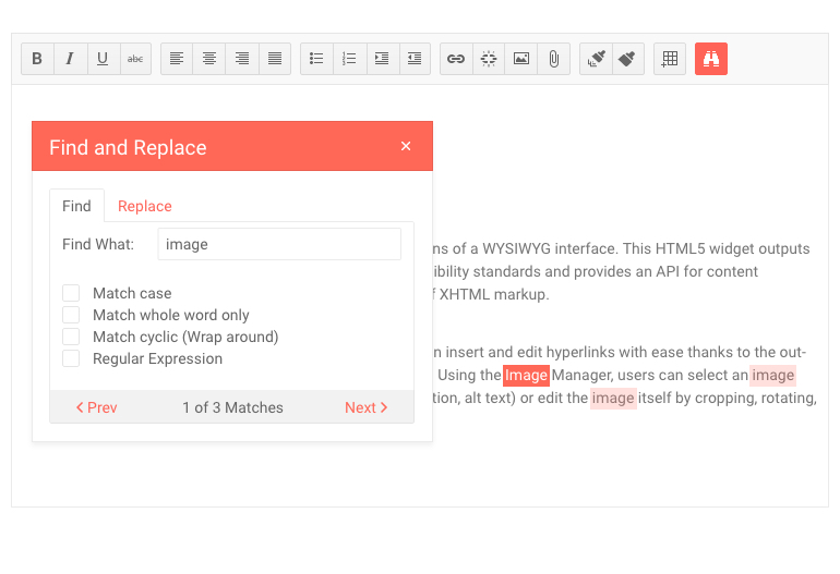 The KendoReact Editor with the Find and Replace Tool The KendoReact Editor with the Find and Replace Tool