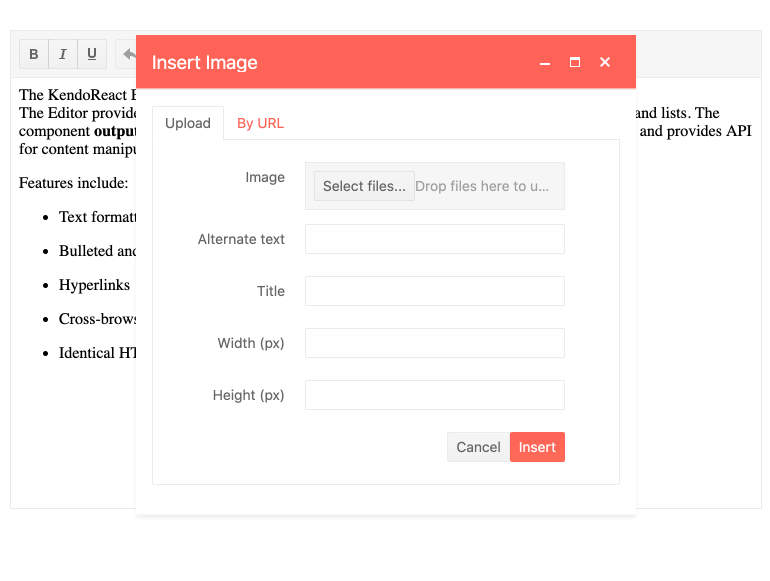 The KendoReact Editor with the Insert Image Dialog The KendoReact Editor with the Insert Image Dialog