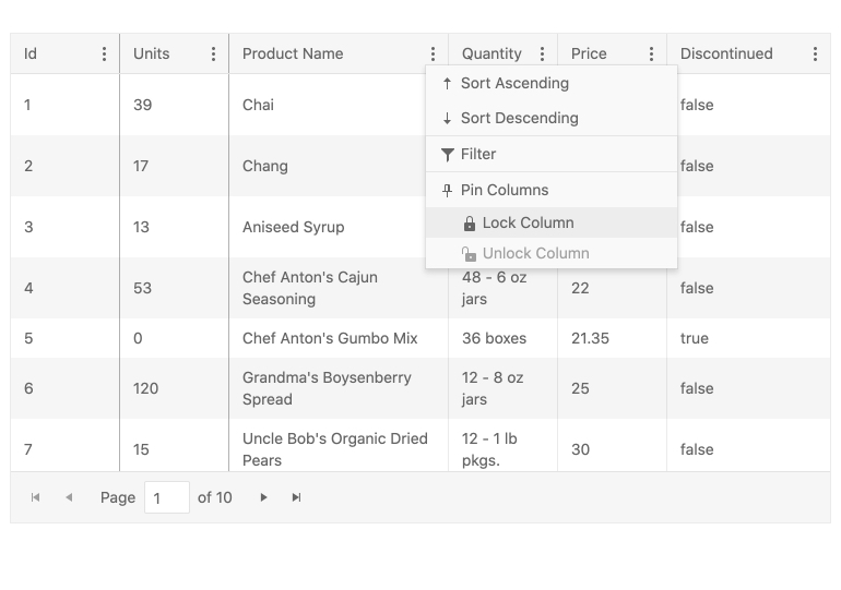 The KendoReact Grid with a user pinning columns through the available column menu