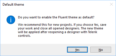 Dialog asking: Do you want to enable the Fluent theme as default? We recommend this for new projects...